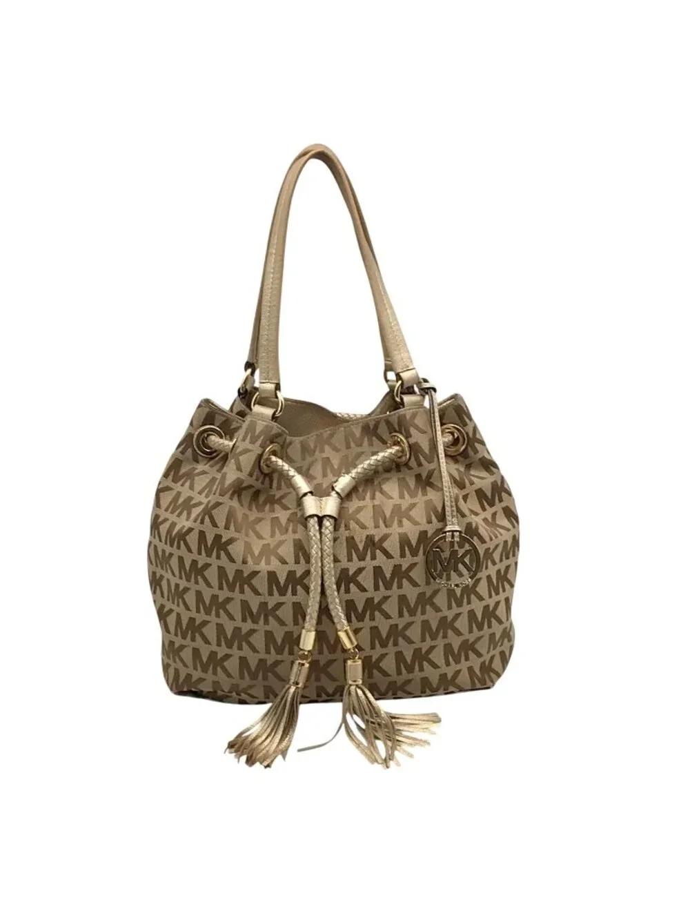 Michael Kors Brown & Gold Monogram Canvas Gathered Jet Set Tote Bag